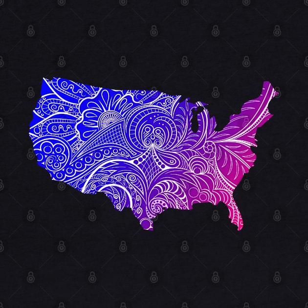 Colorful mandala art map of the United States of America in blue and violet by Happy Citizen